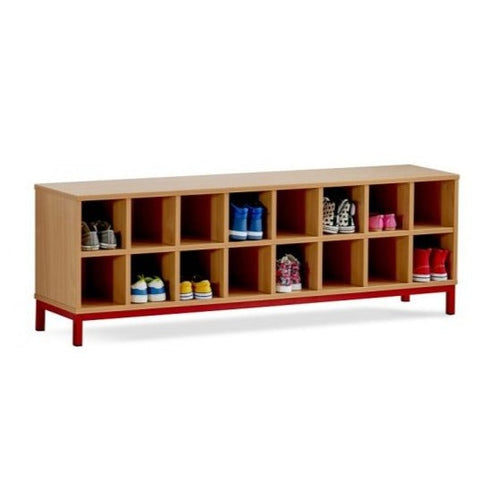 16 Compartment Bench-Cloakroom, Shelves, Storage-Beech-Red-Learning SPACE