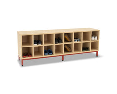 16 Compartment Bench-Cloakroom, Shelves, Storage-Maple-Red-Learning SPACE