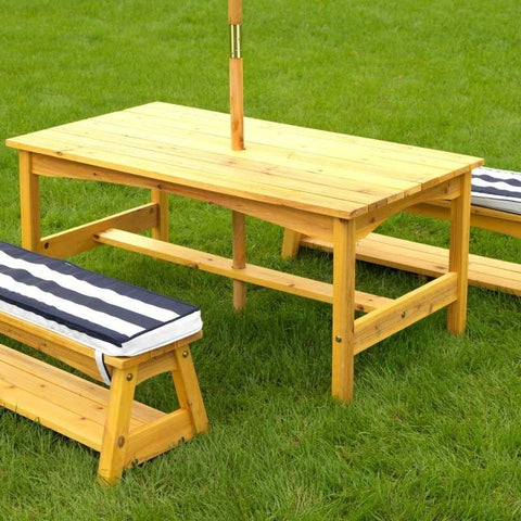 Outdoor Table & Bench Set with Cushions & Parasol-Children's Wooden Seating, Kidkraft Toys, Outdoor Furniture, Picnic Table, Playground Equipment, Seating, Sensory Garden, Stock, Table, Wooden Table-Learning SPACE
