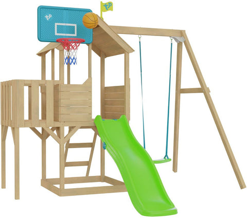TP Treehouse Wooden Playhouse-Outdoor Climbing Frames, Outdoor Slides, Outdoor Swings, Play Houses, Playground Equipment, Playhouses, TP Toys-With Slide, Balcony & Basketball Hoop-Learning SPACE